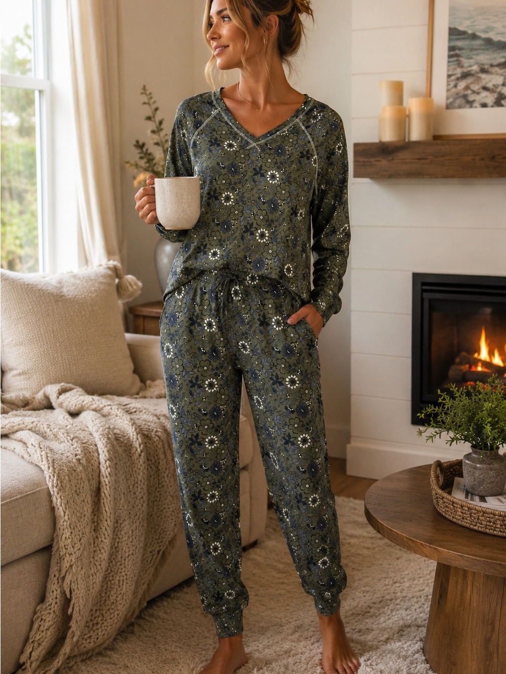Lucky Brand Floral Jogger Pajama Set Olive Blue Lounge Sleepwear L